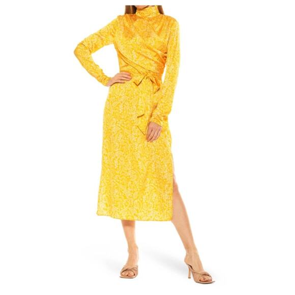 NWOT Alexia Admor Mock Neck Draped Midi Dress In Yellow Paisley - Picture 1 of 10